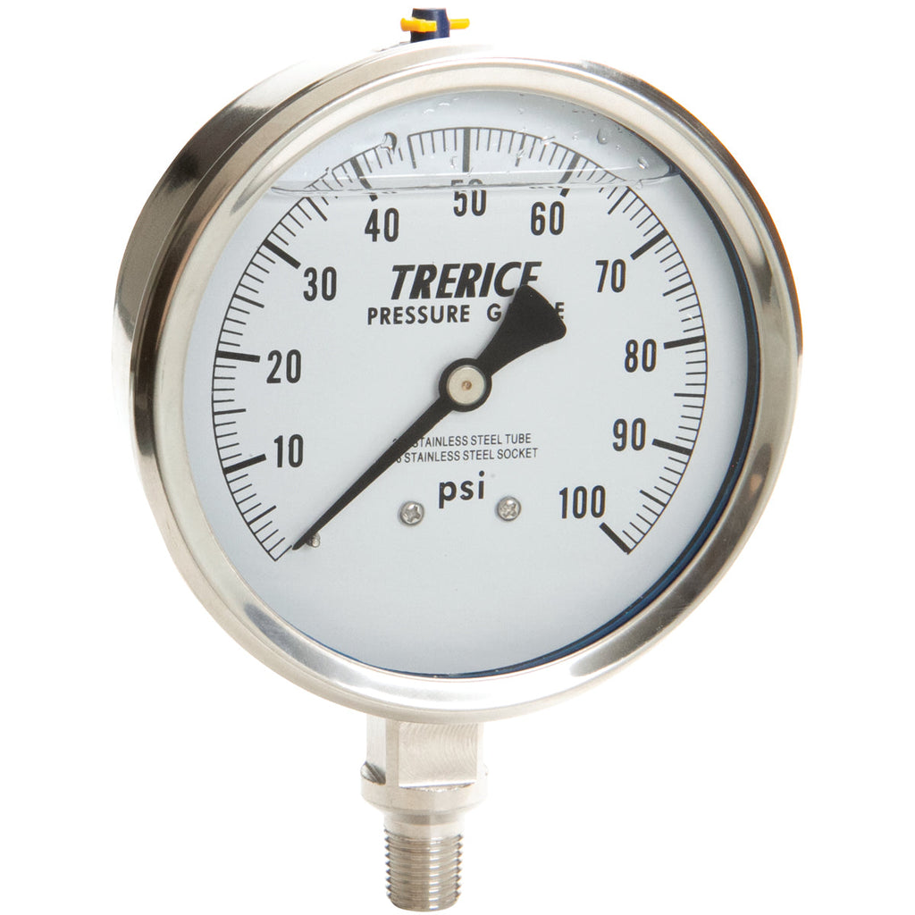 TRERICE - Industrial Pressure Gauge - D83LFSS (4" Dial, Glycerine filled, stainless steel fitting, front view)
