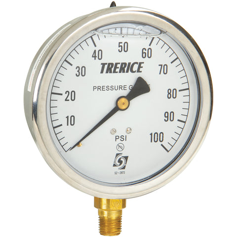 TRERICE - Industrial Pressure Gauge - D82LFB (4" Dial, Glycerine filled, brass fitting, front view)